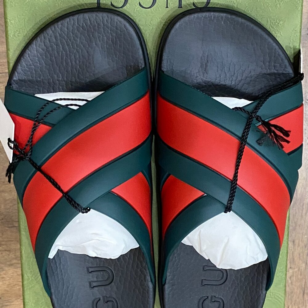 GUCCI Agrado Black Rubber Web Slide SlipOn Red Green Criss Cross | Women 39